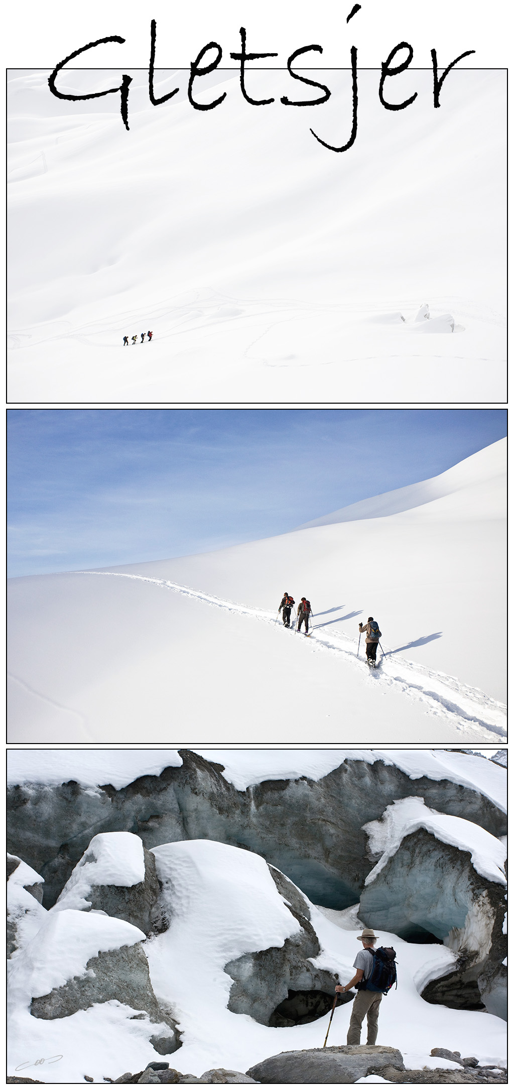 fotoreportage over een tocht door de sneeuw naar een Alpengletsjer